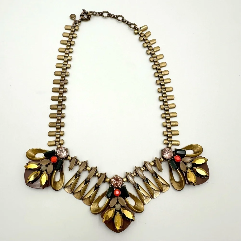 J. Crew Mixed Media Necklace Geometric Bee Antique Brass Crystal Taupe Peach